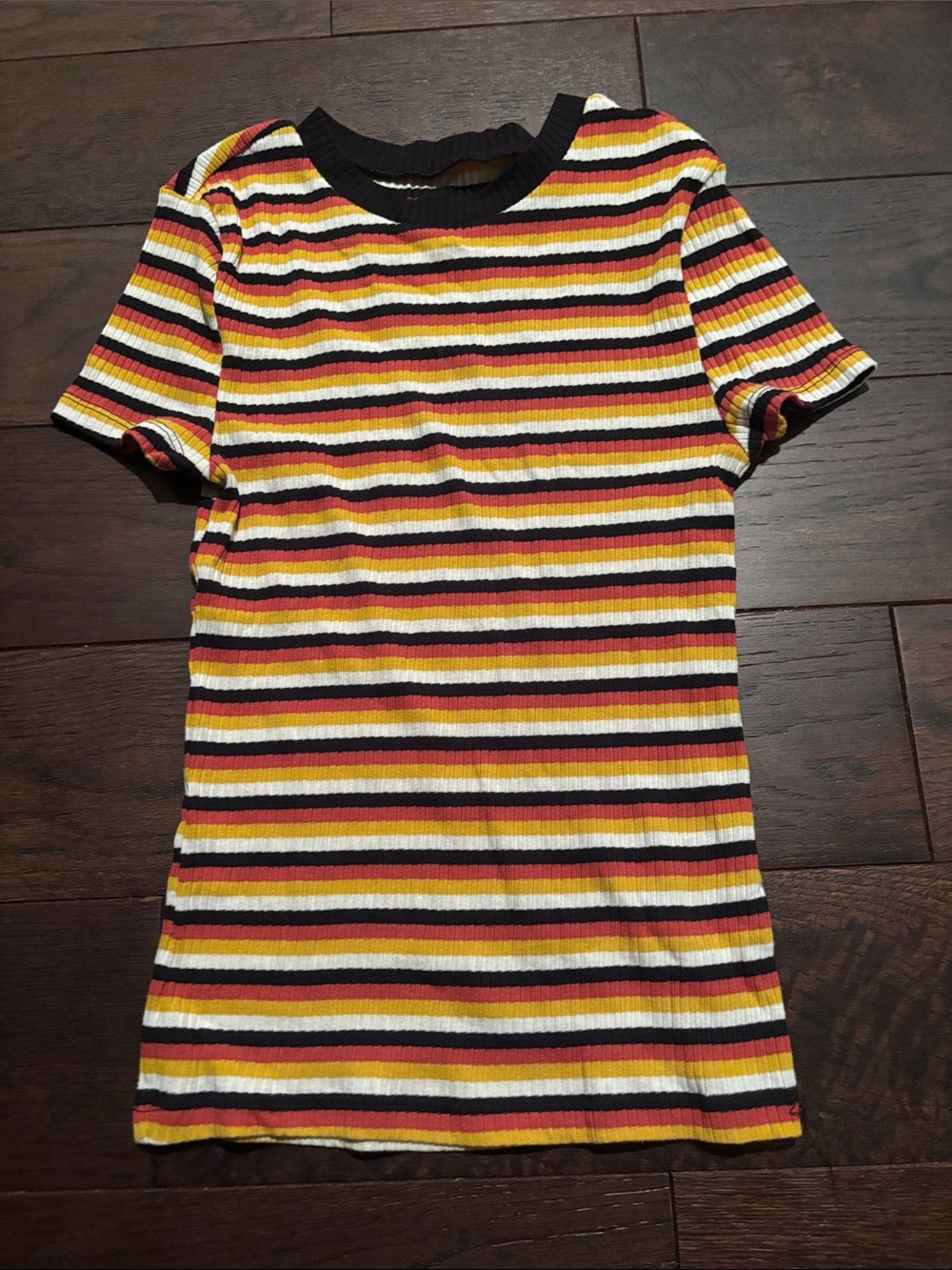 No Boundaries Ribbed Striped Tee Dress in Yellow, Red & Black